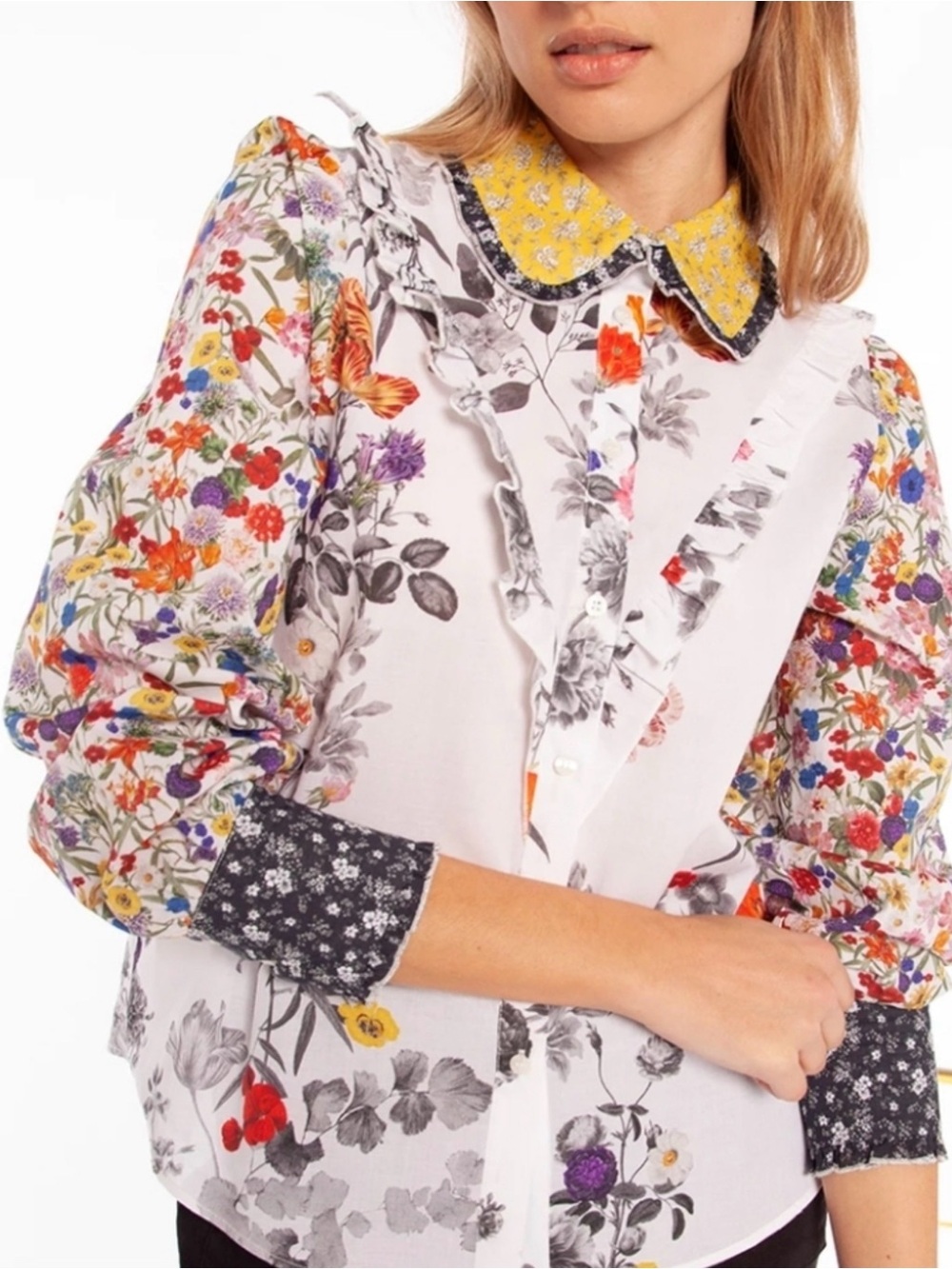 Vilagallo Zalira Multi Floral Patchwork Ruffle Long-Sleeve Blouse Shirt